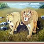 wildlife painting of a pair of African lions hunting product listing shop the collection