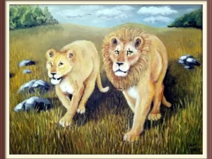 wildlife painting of a pair of African lions hunting product listing shop the collection