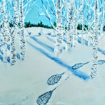 snow shoe tracks through a birch forest
