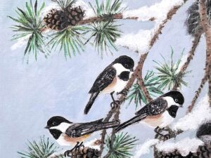 nature inspired artwork featuring a trio of chickadees in a pinetree -chickadee art