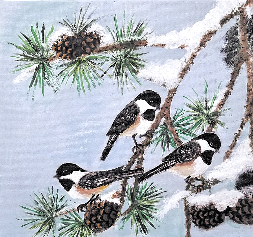 a trio of chickadees in a pinetree chickadee art