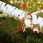 nature inspired artwork featuring chipmunks playing and spending family time in a field of flowers