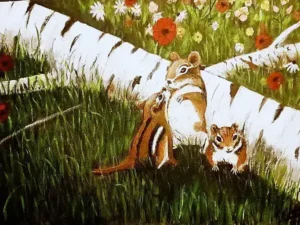 nature inspired artwork featuring chipmunks playing and spending family time in a field of flowers