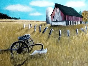 Landscape painting of an old red barn with plowin long golden grasses