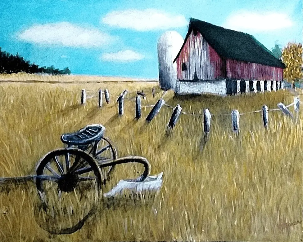 Landscape painting of an old red barn with plowin long golden grasses