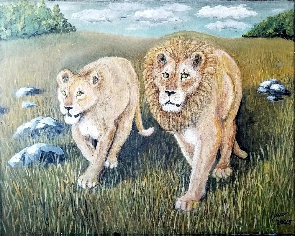 nature inspired artwork featuring a pair of lions on the hunt on the savana gallery page