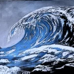 Landscape artwork of a giant tsunami wave brilliant blues and turquoise