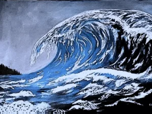 Landscape artwork of a giant tsunami wave brilliant blues and turquoise