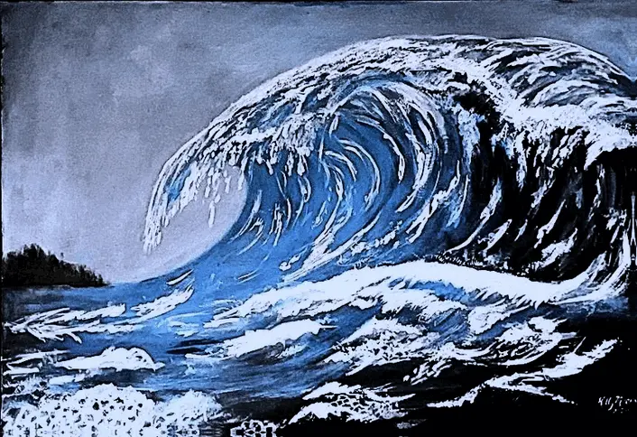 Landscape artwork of a giant tsunami wave brilliant blues and turquoise