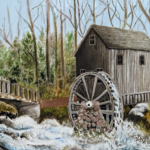 a rusttic old mill in a forest with a water wheel